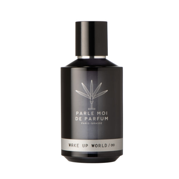 Parle Moi de Parfum - Wake up world Flakon in mattschwarz mit weißem Label und reduzierter Gestaltung vor weißem Hintergrund
