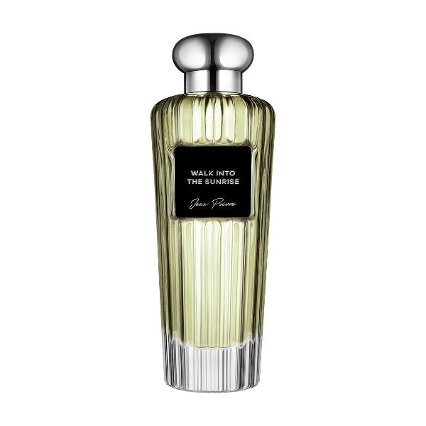 Jean Poivre - Walk into the Sunrise Parfumflakon mit zart grünem, geriffeltem Glas und rundem silberfarbenem Verschluss elegant präsentiert
