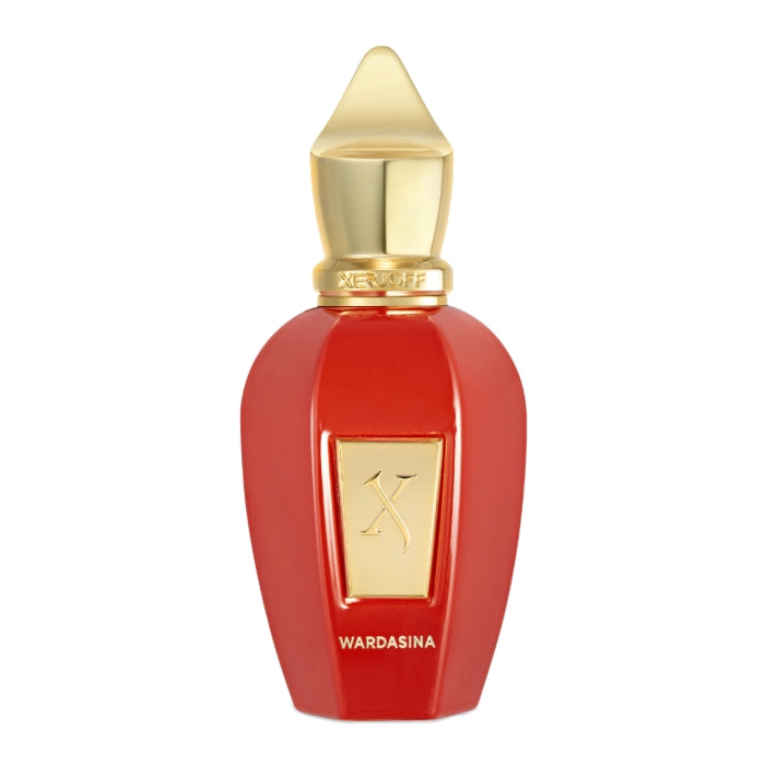 Xerjoff - Vibe - Wardasina Parfumflakon in kräftigem Rot mit goldfarbenem Verschluss und dezentem Markenemblem vor weißem Hintergrund
