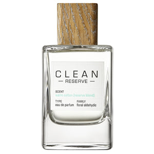 Clean Perfume - Reserve - warm cotton [reserve blend] Parfumflakon mit Holzverschluss vor weißem Hintergrund