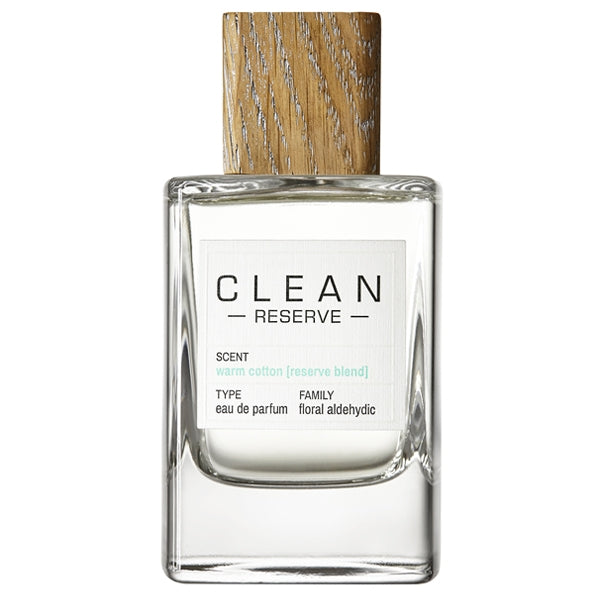 Clean Perfume - Reserve - warm cotton [reserve blend] Parfumflakon mit Holzverschluss vor weißem Hintergrund