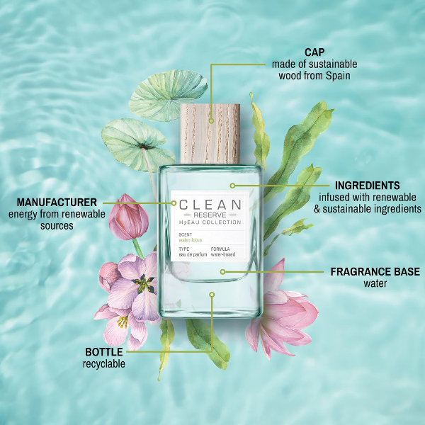 Clean Perfume - H2Eau Water Lotus Flakon mit nachhaltigem Holzverschluss umgeben von Wasser und Seerosenblättern