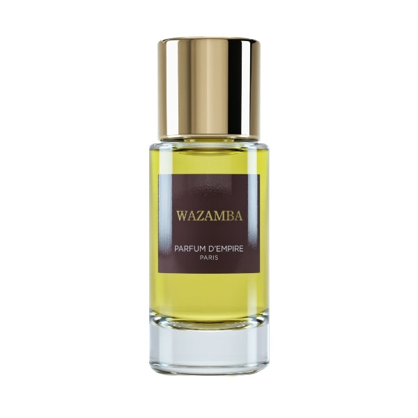 Parfum d'Empire - Wazamba edler Flakon mit goldfarbenem Verschluss und braunem Etikett vor weißem Hintergrund