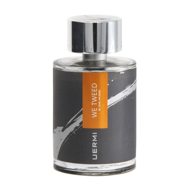 UERMI - WE TWEED Parfumflakon mit modernem schwarz-grauem Design und orangenem Etikett vor weißem Hintergrund