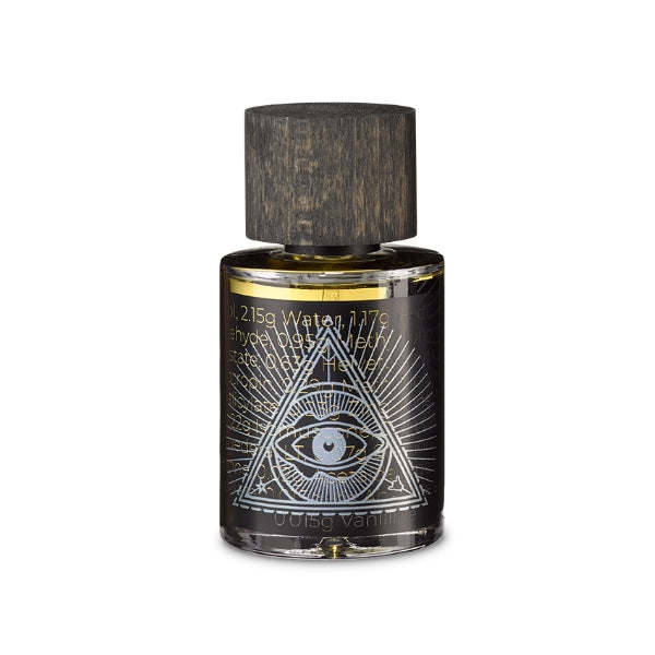 PERFUME.SUCKS - Wealth 4181 Parfumflakon mit dunklem Holzkopf und grafischem Auge in Dreieck auf schwarzem Flakon