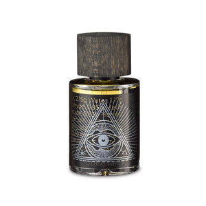 PERFUME.SUCKS - Wealth 4181 Parfumflakon mit dunklem Holzkopf und grafischem Auge in Dreieck auf schwarzem Flakon