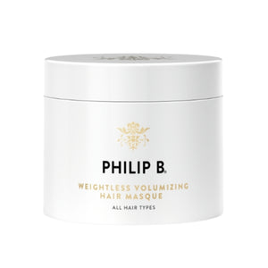 Philip B - Weightless Volumizing Hair Masque in weißem Tiegel mit goldfarbenem Logo und schlichtem Design