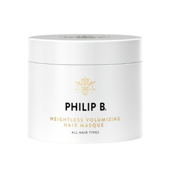 Philip B - Weightless Volumizing Hair Masque in weißem Tiegel mit goldfarbenem Logo und schlichtem Design