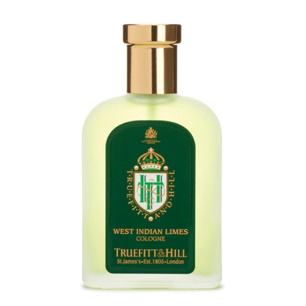 Truefitt & Hill - West Indian Limes - Cologne im klaren Flakon mit grünem Etikett und goldenem Verschluss vor weißem Hintergrund
