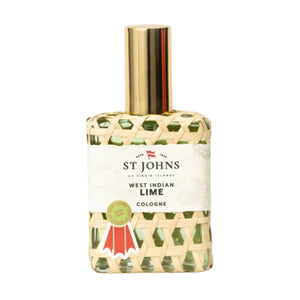 St Johns - West Indian Lime Cologne Flakon mit gewebter Hülle und goldenem Verschluss vor weißem Hintergrund