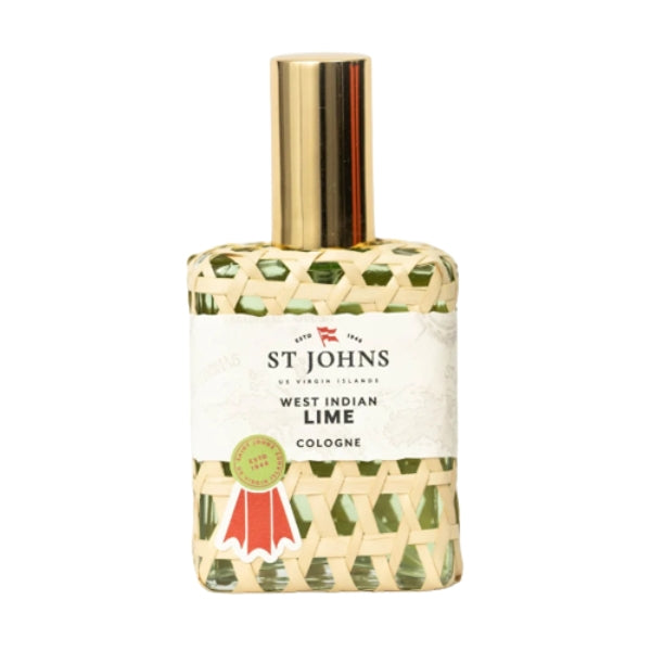 St Johns - West Indian Lime Cologne Flakon mit gewebter Hülle und goldenem Verschluss vor weißem Hintergrund