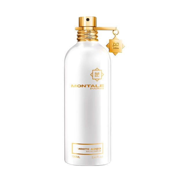 Montale - White Aoud Parfumflakon in weißem Metall mit goldenem Verschluss und Charm vor weißem Hintergrund