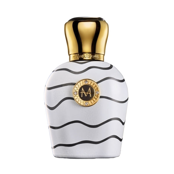 Moresque Parfum - Art Collection - White Duke Flakon mit weißem wellenförmigem Design und goldenem Verschluss vor weißem Hintergrund