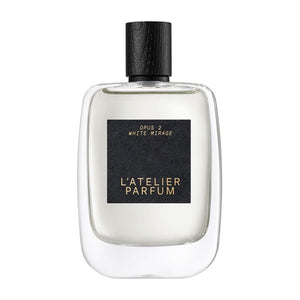 L'Atelier Parfum - Opus 2 - White Mirage klarer Flakon mit schwarzem Verschluss und minimalistischem Etikett auf weißem Hintergrund