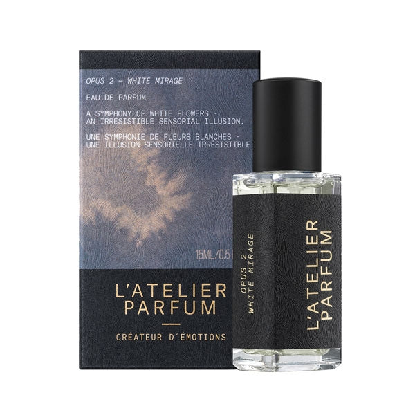 L'Atelier Parfum - Opus 2 - White Mirage Flakon mit schwarzem Verschluss und elegantem Etikett vor dunkler Verpackung