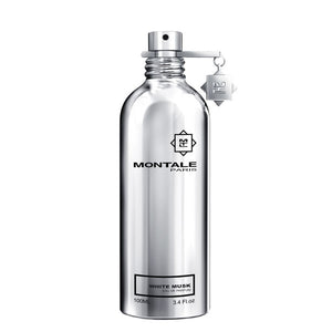 Montale - White Musk Parfumflakon aus glänzendem silbernem Metall mit schwarzer Schrift vor weißem Hintergrund