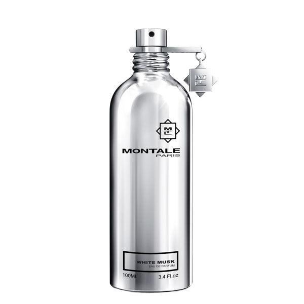 Montale - White Musk Parfumflakon aus glänzendem silbernem Metall mit schwarzer Schrift vor weißem Hintergrund