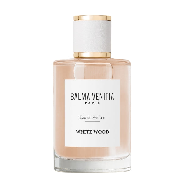 Balma Venitia - White Wood eleganter Flakon mit weißem Etikett und goldweißem Verschluss vor weißem Hintergrund