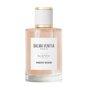 Balma Venitia - White Wood eleganter Flakon mit weißem Etikett und goldweißem Verschluss vor weißem Hintergrund