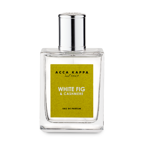 Acca Kappa - White Fig & Cashmere klarer Glasflakon mit grünem Etikett und silberner Verschlusskappe vor weißem Hintergrund