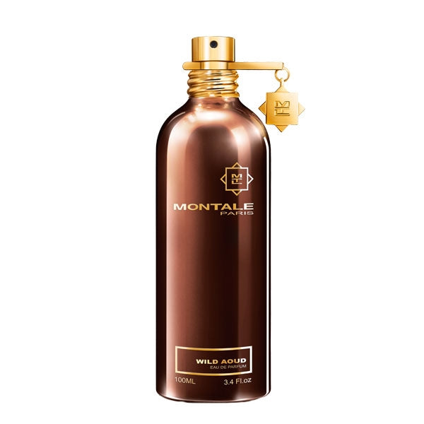 Montale - Wild Aoud Parfumflakon in dunkelbraun mit goldfarbenem Sprühkopf und dekorativem Anhänger vor weißem Hintergrund