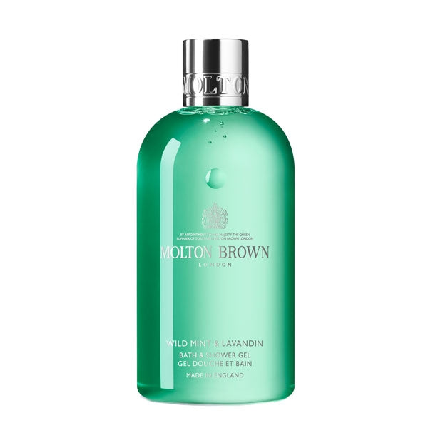 Molton Brown - Wild Mint & Lavandin - Bath & Showergel in transparenter grüner Flasche mit silbernem Verschluss
