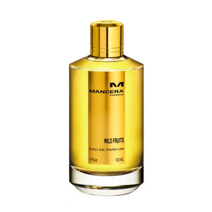 Mancera - Wild Fruits Parfumflakon mit glänzend goldener Oberfläche und schlichtem modernem Schriftzug in eleganter Form