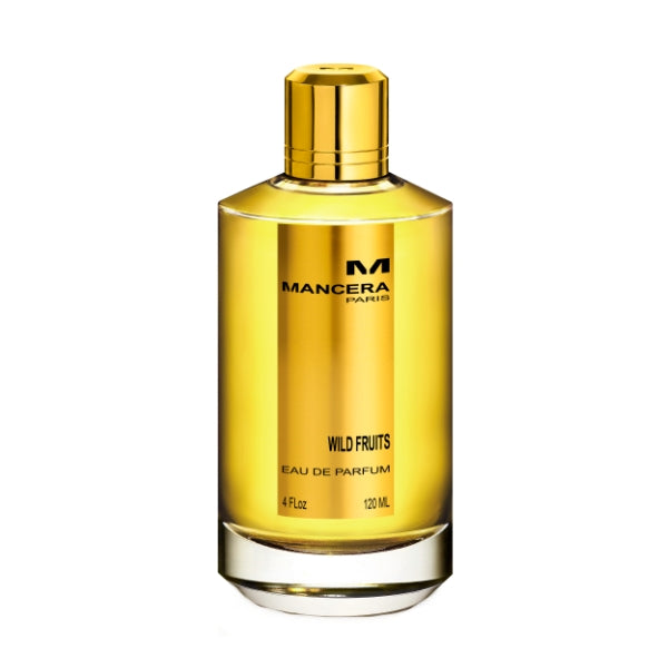 Mancera - Wild Fruits Parfumflakon mit glänzend goldener Oberfläche und schlichtem modernem Schriftzug in eleganter Form