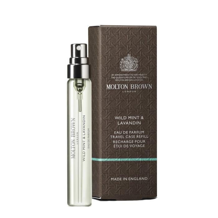 Molton Brown - Wild Mint & Lavandin - Eau de Parfum in schlankem Sprayflakon mit brauner Verpackung und silbernem Zerstäuber