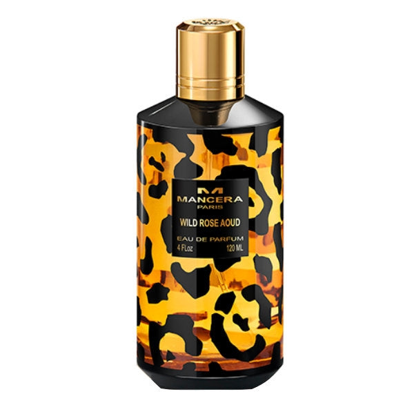 Mancera - Wild Rose Aoud Duftflakon mit animalischem Muster in Schwarz und Gold, eleganter Verschluss, weißer Hintergrund