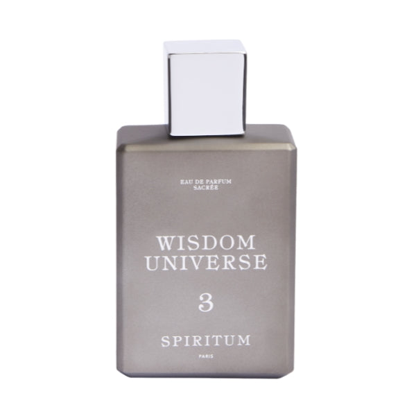 Spiritum - 3 - Wisdom Universe Parfumflakon in matter grauer Farbe mit weißem quadratischem Verschluss vor weißem Hintergrund