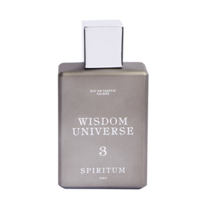 Spiritum - 3 - Wisdom Universe Parfumflakon in matter grauer Farbe mit weißem quadratischem Verschluss vor weißem Hintergrund
