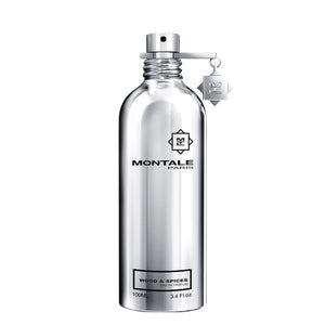 Montale - Wood & Spices Parfumflakon aus silbernem Metall mit klarer Schrift vor weißem Hintergrund