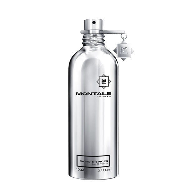 Montale - Wood & Spices Parfumflakon aus silbernem Metall mit klarer Schrift vor weißem Hintergrund