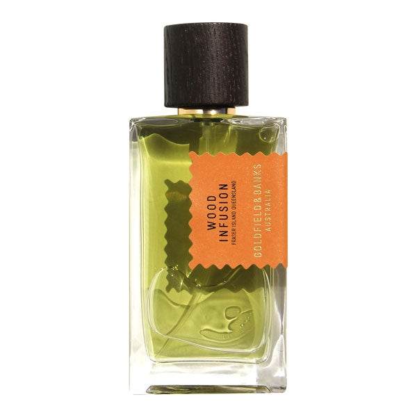 Goldfield & Banks - Native Collection - Wood Infusion Parfumflakon mit grünlich-gelber Flüssigkeit und dunkelbraunem Holzverschluss