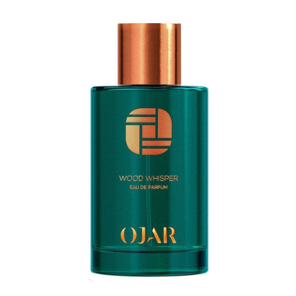 Ojar - Wood Whisper Parfumflakon in tiefgrün mit kupferfarbenem Verschluss und schlichtem Design vor weißem Hintergrund