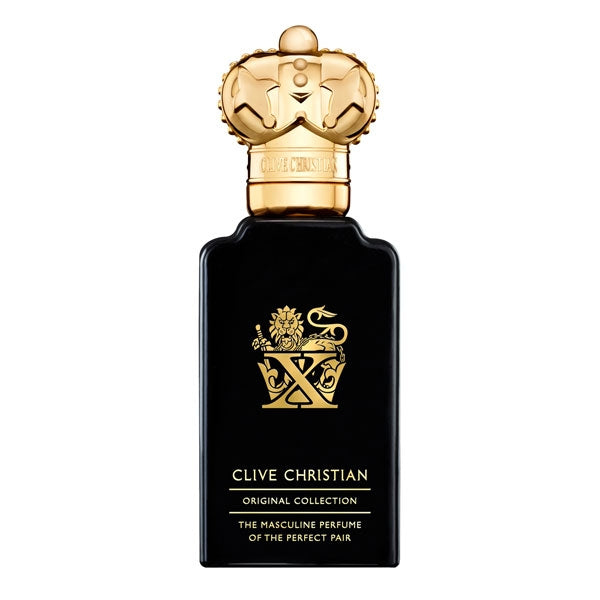 Clive Christian - X for men eleganter schwarzer Flakon mit markantem goldfarbenem Verschluss und detailreichem Logo
