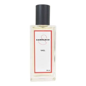 Sammarco - Yael Parfumflakon mit klarer Flüssigkeit und schwarzem Zylinderverschluss, minimalistisch gestaltet auf weißem Hintergrund