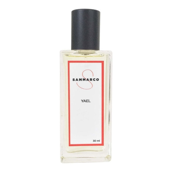 Sammarco - Yael Parfumflakon mit klarer Flüssigkeit und schwarzem Zylinderverschluss, minimalistisch gestaltet auf weißem Hintergrund