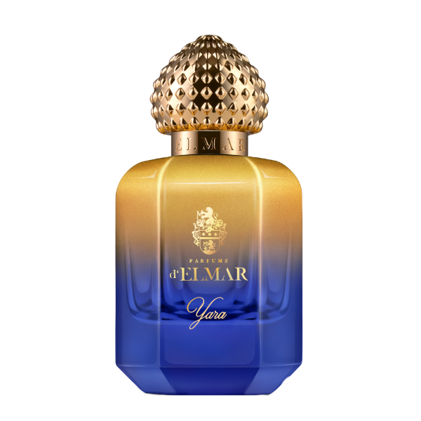 Parfums d'Elmar - Yara Parfümflakon mit gold-blauem Farbverlauf und auffällig strukturiertem, rundem Verschluss