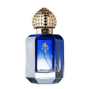 Parfums d'Elmar - Yaringa edler blau transparenter Flakon mit goldfarbenem, strukturiertem Verschluss vor weißem Hintergrund
