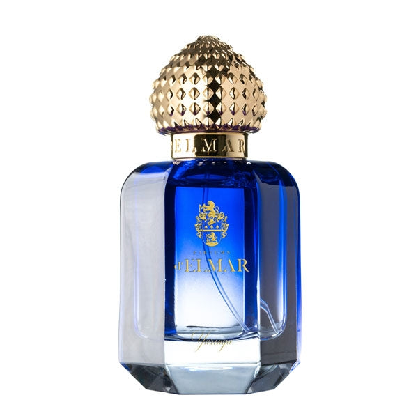 Parfums d'Elmar - Yaringa edler blau transparenter Flakon mit goldfarbenem, strukturiertem Verschluss vor weißem Hintergrund