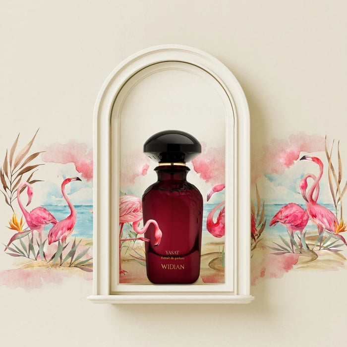 Widian - Velvet Collection - Yasat Parfumflakon in dunklem Rot mit schwarzem Deckel vor Flamingo-Wandbild