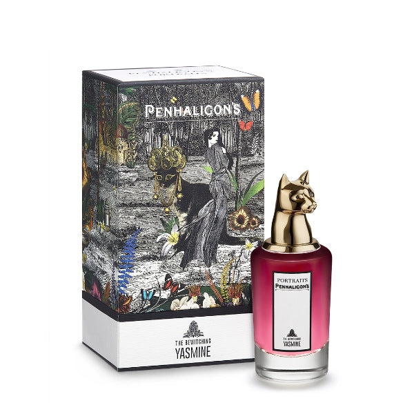 Penhaligon's - Portraits - Bewitching Yasmine Flakon mit goldenem Katzenkopfverschluss vor kunstvoll gestaltetem Karton