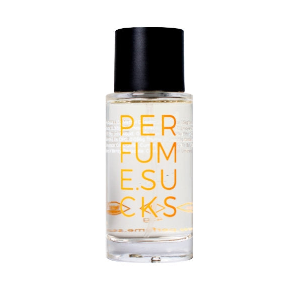 PERFUME.SUCKS - Yellow 130C klarer Flakon mit schwarzem Verschluss und leuchtend gelber Schrift vor weißem Hintergrund