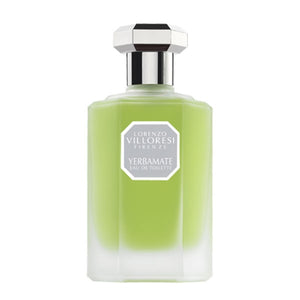 Lorenzo Villoresi Yerbamate Eau de Toilette in frosted green glass bottle with silver octagonal cap on white background