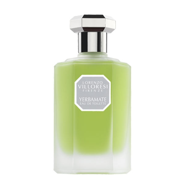 Lorenzo Villoresi Yerbamate Eau de Toilette in frosted green glass bottle with silver octagonal cap on white background