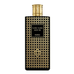 Perris Monte Carlo - Ylang Ylang Nosy Be schwarzer Flakon mit goldfarbenem Muster und edlem Verschluss auf weißem Hintergrund
