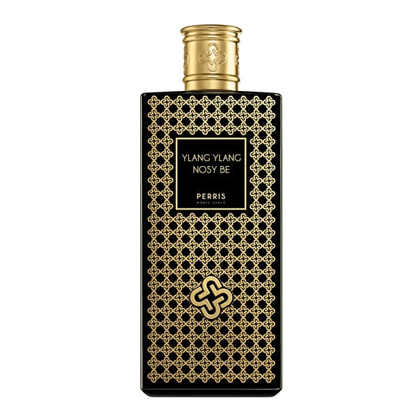 Perris Monte Carlo - Ylang Ylang Nosy Be schwarzer Flakon mit goldfarbenem Muster und edlem Verschluss auf weißem Hintergrund