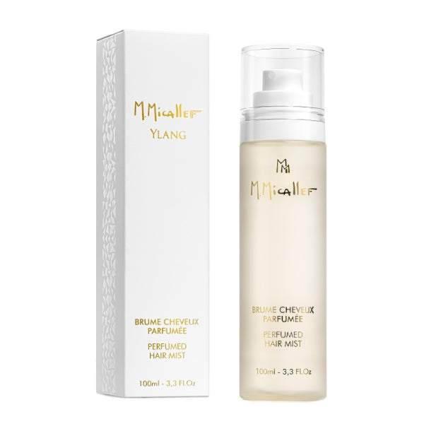 Micallef - Ylang - Hair Mist als eleganter, milchiger Sprayflakon mit goldener Schrift und passender Verpackung vor weißem Hintergrund